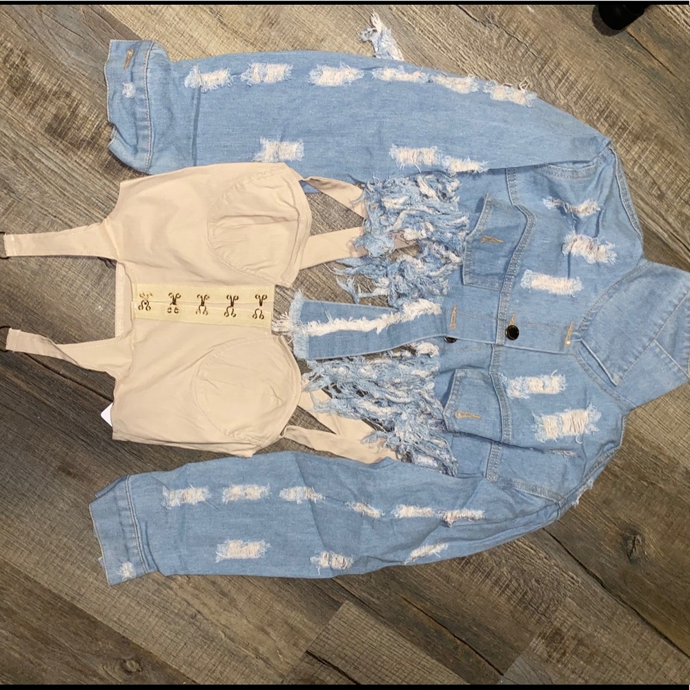 Distressed Crop Jean Jacket + Crop Top